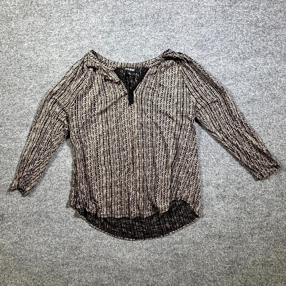 Lucky Brand Blouse Top Women Large Beige Black Striped Pleated Split Neck Casual
